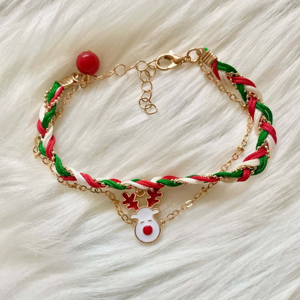 NEW Reindeer Charm Christmas Layered Chain Braided Bracelet w Lobster Clasp